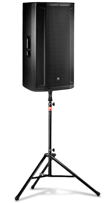 large JBL SRX835 speaker on a tripod